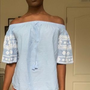 off-shoulder blue and white top (faux denim)